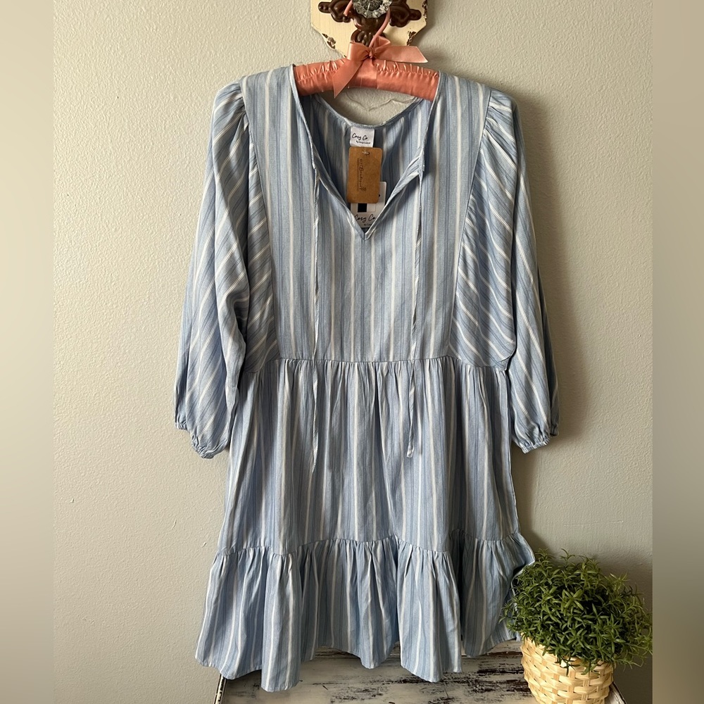✨SOLD✨Baby Blue Striped Tiered 3/4 Sleeve Cozy Co Dress Size L (L-XL Fit) NWT - Picture 2 of 9
